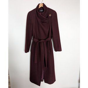 Kenneth Cole Burgundy Asymmetric Belted Wool Wrap Maxi Coat Size 8